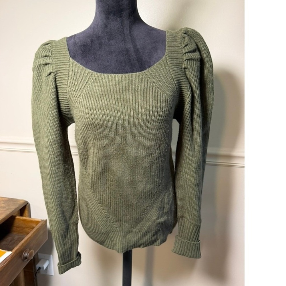 Cato Sweater Womens Medium Green Excellent Puff Sleeve Tie Back Ribbed Knit
